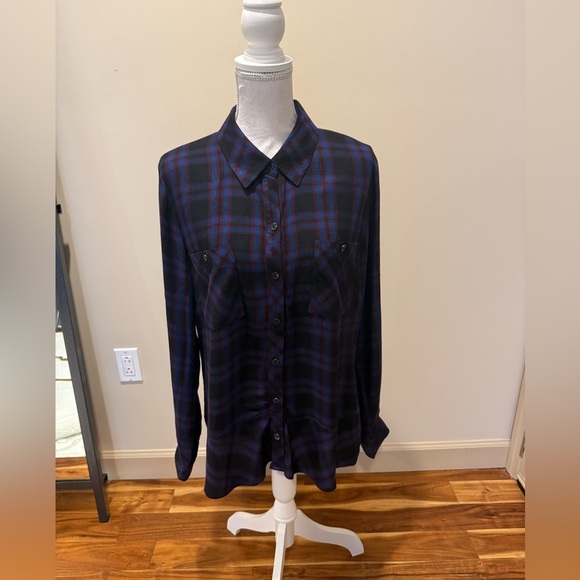 CAbi Moody Plaid Peplum Button Down Top Large Blue Black - Picture 3 of 10